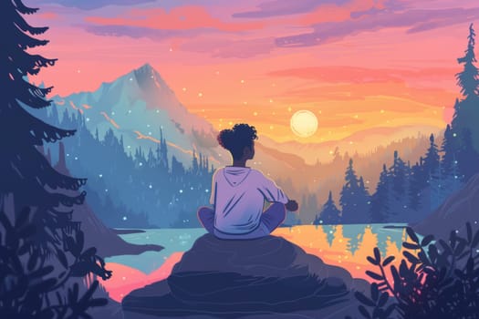 An individual sits on a rock, looking out at a tranquil dusky landscape, reflecting the serenity and beauty of solitude in nature. The vivid colors of the sunset create a peaceful and contemplative mood