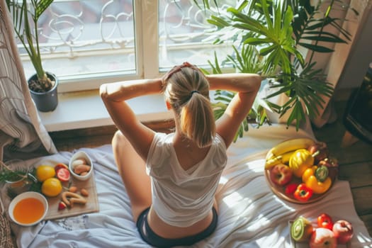 A young woman enjoys a moment of tranquility in the morning light, surrounded by fresh fruits and a serene garden view. The image captures the essence of a healthy lifestyle and peaceful start to the day