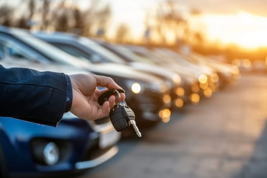 Hand with car keys on car dealership background