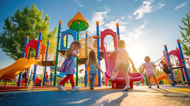 Young children enjoy a sunny day playing on vibrant playground equipment in a park with slides and climbing structures. Resplendent.