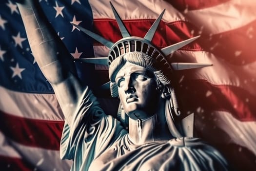 Artistic image of the Statue of Liberty with a superimposed American flag, evoking patriotism and freedom.