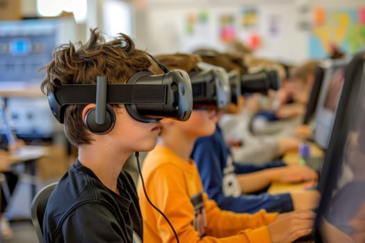Students are engaged in learning to code through the interactive medium of virtual reality, highlighting a modern approach to education. This scene captures the immersive and innovative methods being used to teach valuable tech skills