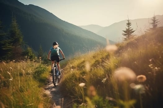 Biking woman mountain. Helmet adventure. Generate Ai