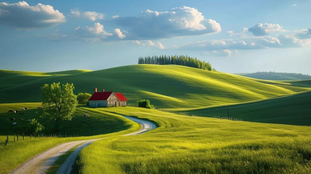 A serene landscape showcasing a rustic farmhouse with a red roof, surrounded by green pastures and grazing cattle under a dramatic stormy sky. Resplendent.