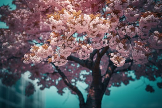 Cherry blossom tree. Branch bloom pink. Generate Ai