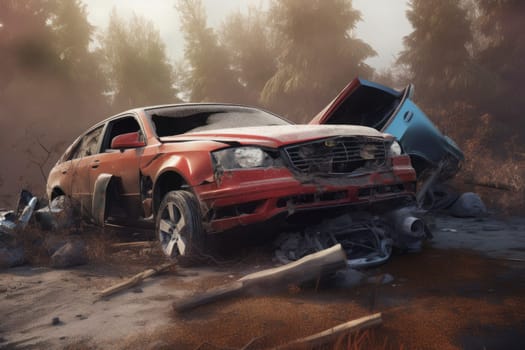 Crashed abandoned car. Wreck garbage. Generate Ai