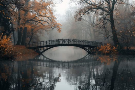 A traditional wooden bridge arches gracefully over a misty river in a tranquil forest setting. The scene embodies peace and the connection with nature