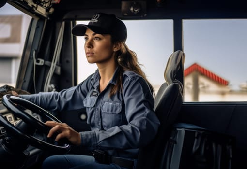 Woman truck driver navigates the roads, delivering goods across continents and ensuring worldwide distribution