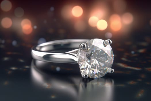 Diamond ring closeup light. Round stone. Generate Ai