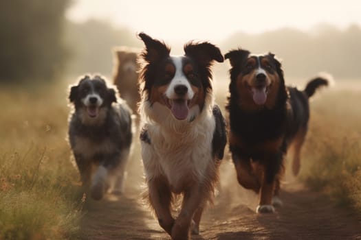 Dogs happy group sunset. Training summer. Generate Ai