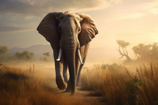 Elephant closeup sunset. Wild safari. Generate Ai