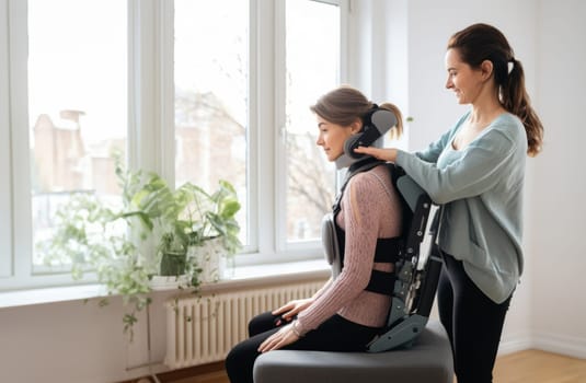 In a heartfelt scene, a doctor provides compassionate care during a home visit to a patient in a wheelchair, who is recovering from a broken neck, offering comfort and support in their journey towards healing