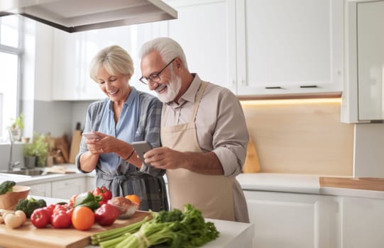 Heartwarming moment of shared happiness, an elderly married couple delights in cooking together, showcasing the enduring joy of companionship and culinary collaboration