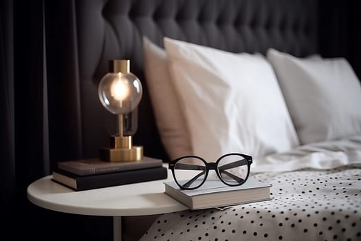 Lamp book glasses bedroom. Light desk. Generate Ai