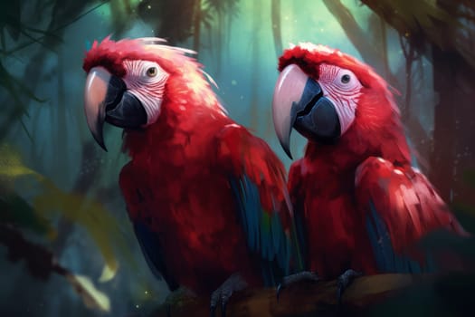 Macaw parrots colorful couple. Bright pet. Generate Ai