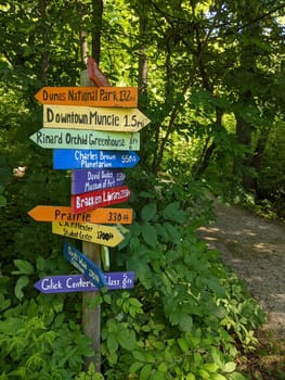 Whimsical, colorful signpost in a lush Indiana park guides to local destinations under bright daylight