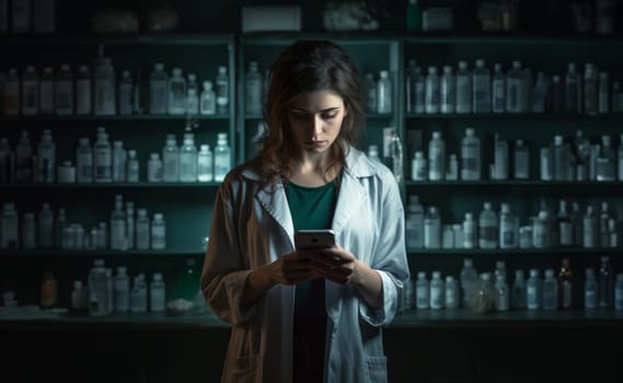A glimpse into the future of healthcare: a doctor uses a smartphone to check medication inventory in a pharmacy.
