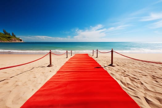 Red carpet beach. Holiday sand coast. Generate Ai