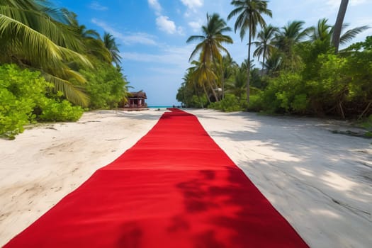 Red carpet beach sunlight. Coastline relax. Generate Ai