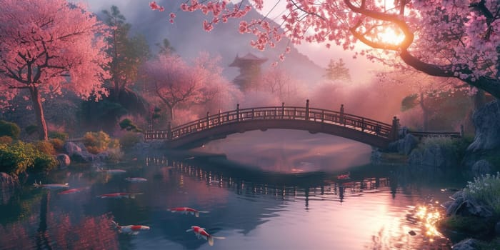 A serene Zen garden at sunrise, with a gently flowing stream, cherry blossoms in full bloom, and a quaint wooden bridge. Resplendent.