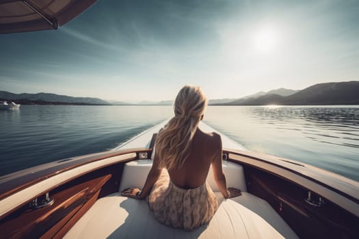 Woman luxury boat. Summer ocean. Generate Ai