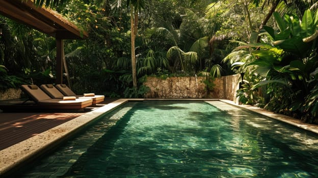 A luxurious spa retreat in a tropical setting, serene pool, lush greenery, embodying relaxation and wellness. Resplendent.