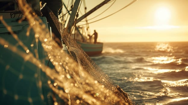 A group of fishermen enjoying the sunset while standing on a boat in the middle of the ocean, surrounded by water and the vast sky above. AIG41