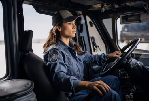 Woman truck driver navigates the roads, delivering goods across continents and ensuring worldwide distribution