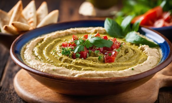 Bowls of hummus with chickpeas and parsley.