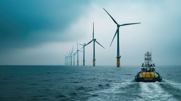 A man observes wind turbines on a boat amidst the vast ocean, with the sky, clouds, and water blending harmoniously. AIG41