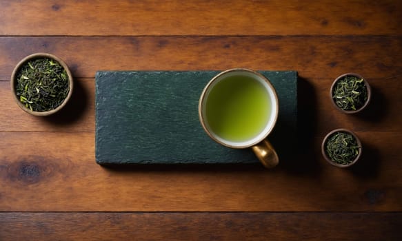 matcha green tea in a ceramic cup on a wooden table. view from above.