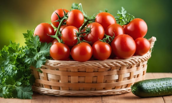 Cucumbers, tomatoes and parsley in a basket on a wooden table.