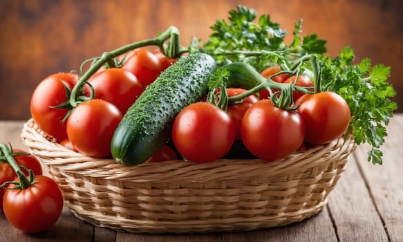 Cucumbers, tomatoes and parsley in a basket on a wooden table.