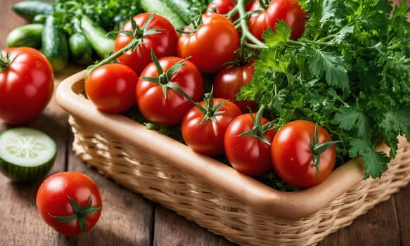 Cucumbers, tomatoes and parsley in a basket on a wooden table.