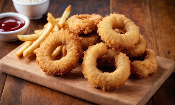 Top view of fast food onion rings, french fries, chicken nuggets and fried chicken on wooden table.