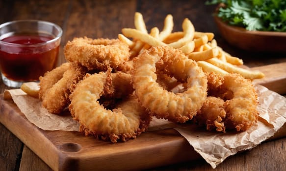 Top view of fast food onion rings, french fries, chicken nuggets and fried chicken on wooden table.