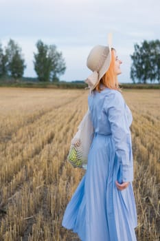 A red-haired woman in a hat and a blue dress walks in a field with haystacks. The view from the back