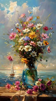 An art piece featuring a floral bouquet in a vase with a sailboat in the background, showcasing a beautiful blend of nature and creativity