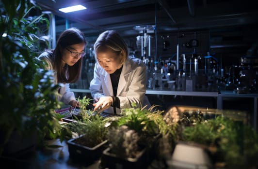 In a research institute, female biologist colleagues collaborate as they meticulously explore and study various plants, delving into the intricacies of botany with dedication and expertise.