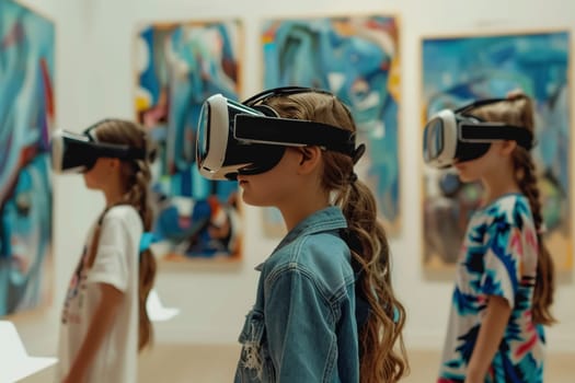 Children in a vibrant art class wear virtual reality headsets, engrossed in creating digital masterpieces. The fusion of technology and art introduces a new dimension of creativity for these young minds