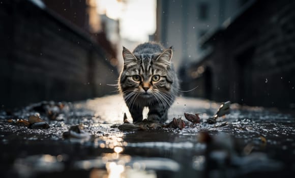 A close-up of a cat on a city street, surrounded by the dangers of traffic and pollution.