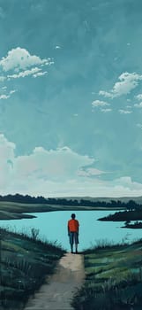 A man stands on a path, gazing at the serene lake under a clear sky with fluffy cumulus clouds, surrounded by beautiful natural landscape