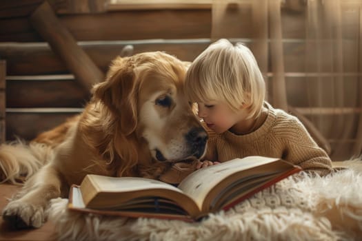 A child immersed in storytelling reads aloud to attentive dog by a sunny window. The scene encapsulates a whimsical tale of childhood and animal friendship