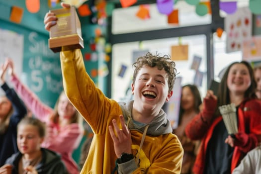 A young teenager radiates joy as they celebrate an academic victory, trophy in hand, among cheering classmates. The scene is vibrant with the energy of youthful achievement