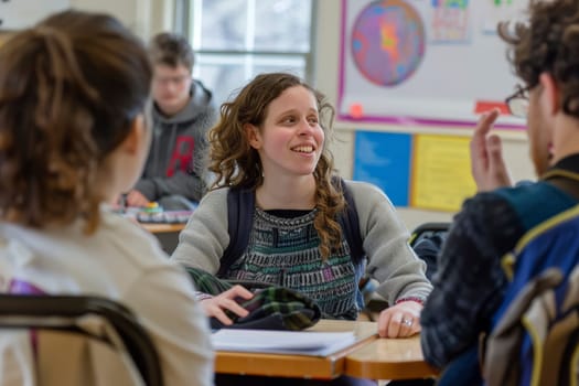 Teenage students engage in an interactive classroom discussion, with a focus on one girl who listens intently to her peer. The classroom is lively and full of active participation, fostering a dynamic learning experience