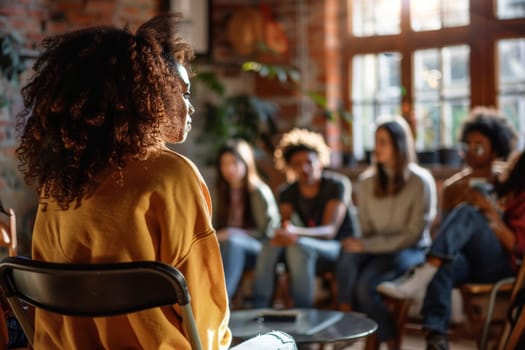 A woman speaks at a community-led mental health awareness workshop. Sunlight filters through the windows, highlighting the engagement of diverse participants