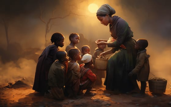 In a poignant portrayal of resilience, an African-American mother lovingly tends to her hungry children, embodying strength and determination in the face of adversity.