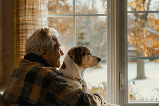 An elderly individual and a dog share a serene moment looking out the window together. The golden light casts a nostalgic glow, reflecting a quiet companionship