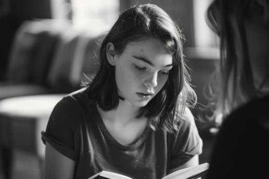 A young girl is deeply engrossed in a book, captured in a candid monochrome photograph. The natural light accentuates her concentration and the serenity of the moment