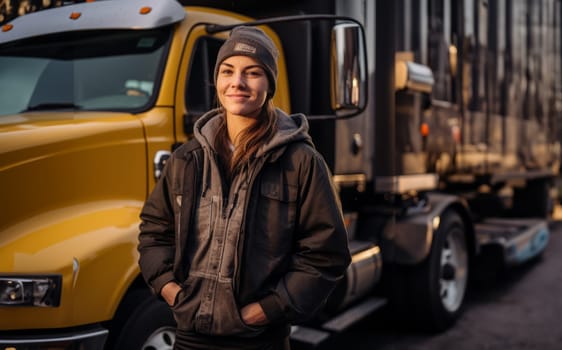 A woman trucker stands tall in front of her rig, a symbol of strength and determination.